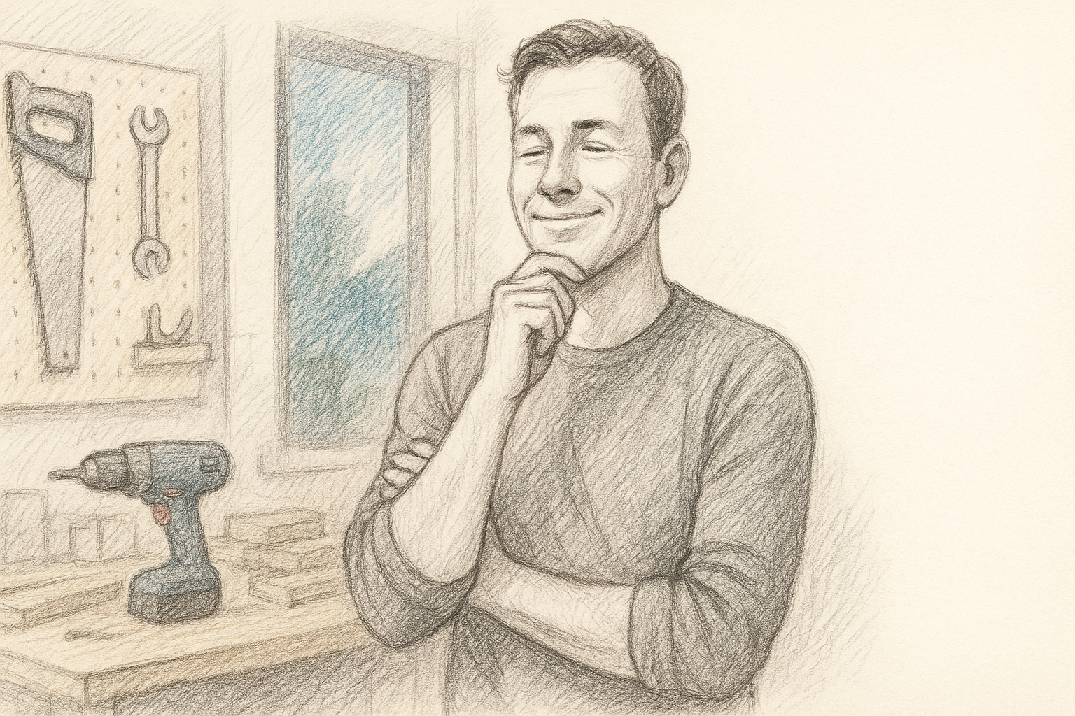 En selvstændig erhvervsdrivende arbejder i sit værksted og overvejer pension.