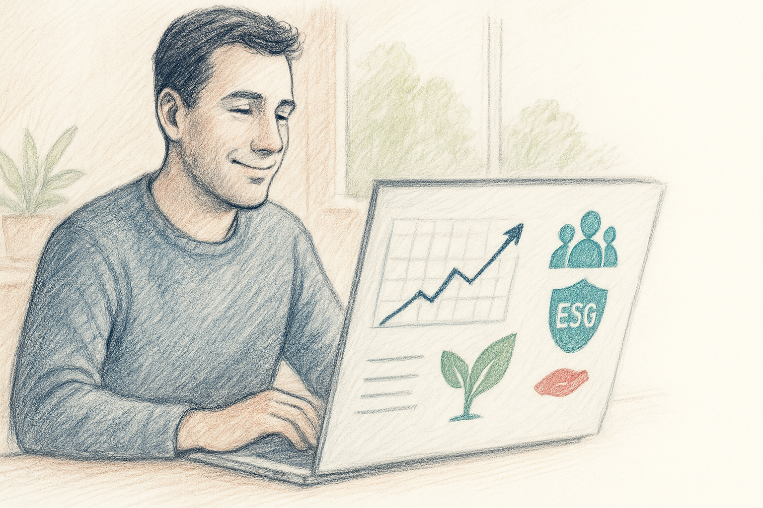 Person foran en computer der gennemgår grafer og ESG-ikoner om pension