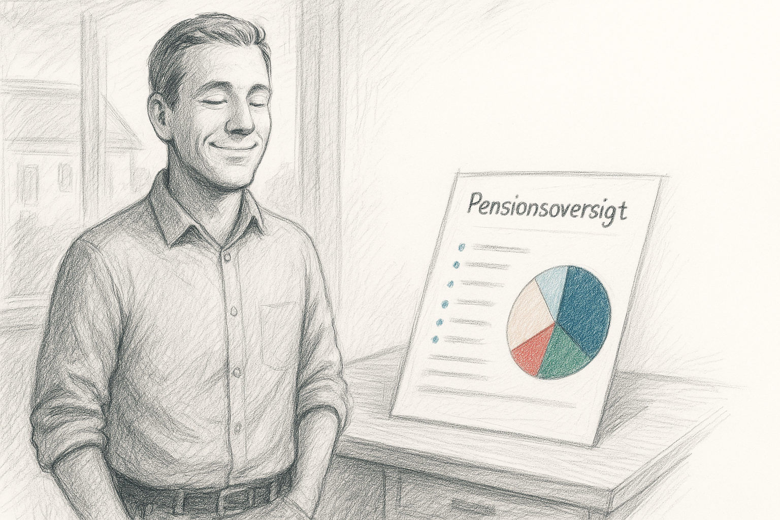 En person står ved et skrivebord med en pensionsoversigt og et diagram, der illustrerer efterlønsregler.