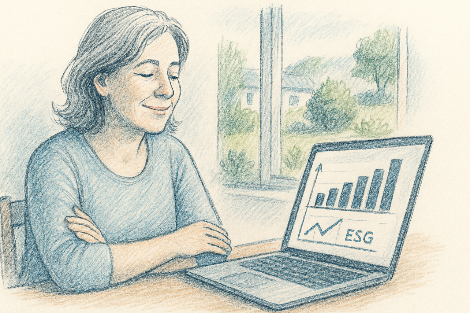 Voksen person i 50'erne ser på en computer med grafer om afkast og ESG