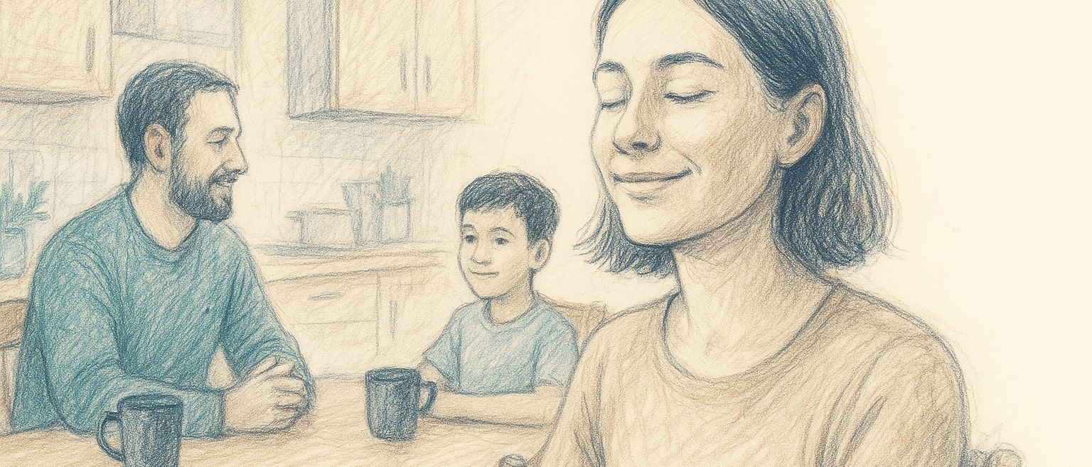 En familie samles roligt om et spisebord, med fokus på tryghed i arv og pension.